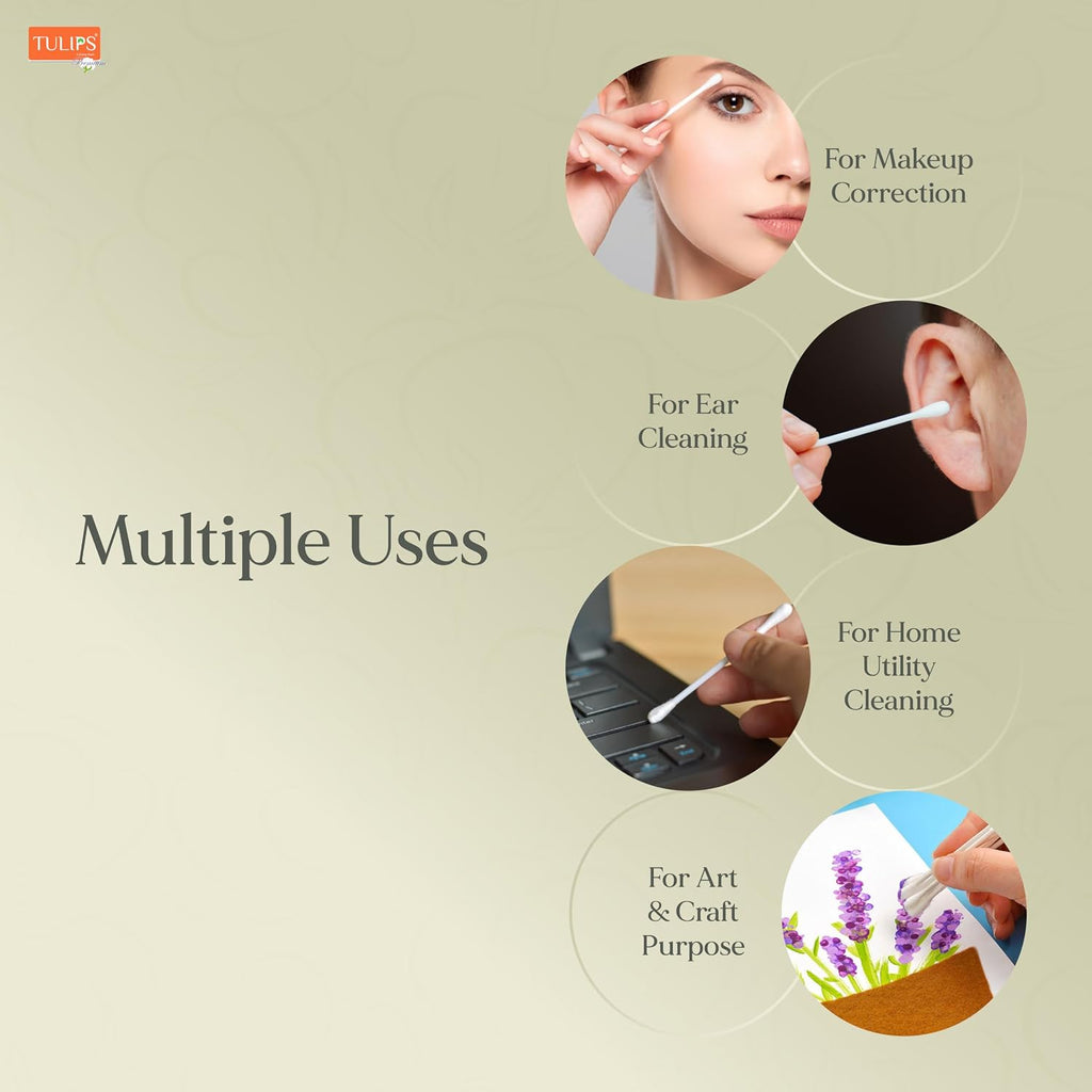 TULIPS Premium Cotton Ear Buds/Swabs with white PAPER Sticks 80 Stick (Pack of 3)