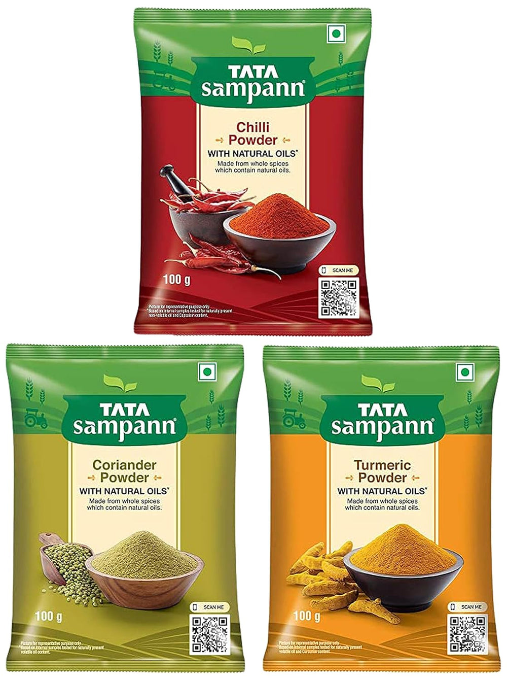 Tata Sampann Chilli Powder With Natural Oils, 500Gm + Coriander Powder With Natural Oils, 500Gm + Turmeric Powder With Natural Oils, 500Gm