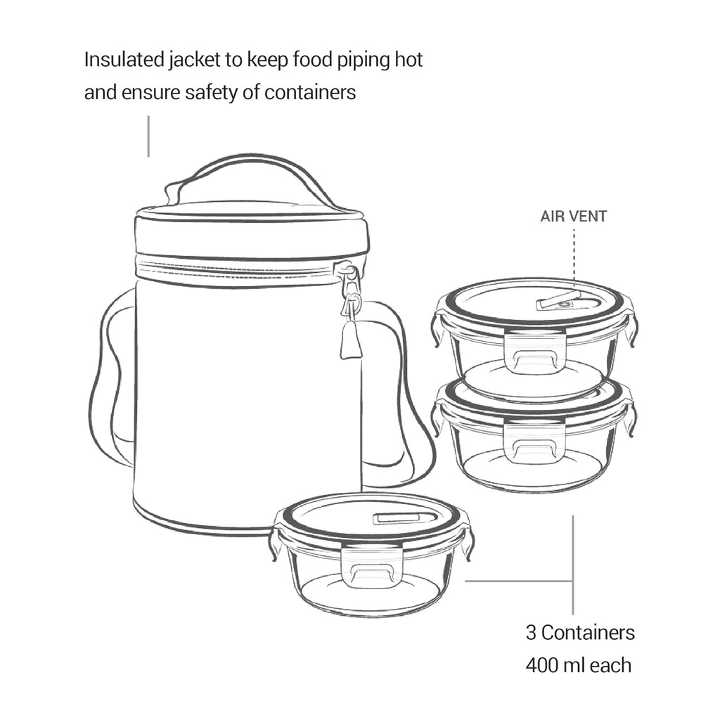 Treo by Milton All Fresh Borosilicate Glass Lunch Box Set of 3, Clear, 400 ml Each