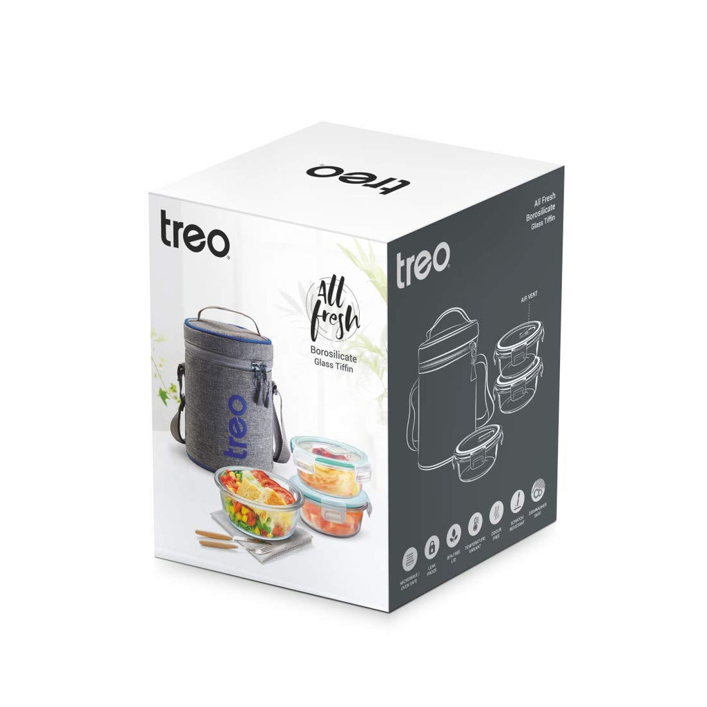 Treo by Milton All Fresh Borosilicate Glass Lunch Box Set of 3, Clear, 400 ml Each