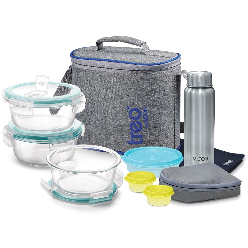 Treo by Milton Tiffin with Bag, Set of 8 (3 Containers, 400ml Each; 1 Steel Bottle, 750 ml; 2 - Pickle/Chutney Dabba, 30ml Each; 1 Salad/Papad Dabba, 200ml; 1 Dining Mat)