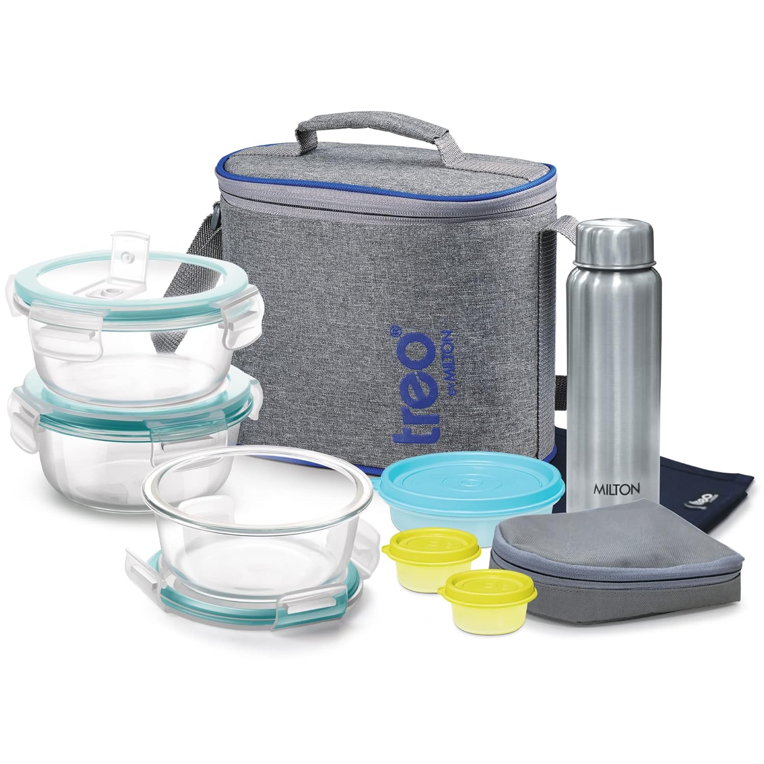 Treo by Milton Tiffin with Bag, Set of 8 (3 Containers, 400ml Each; 1 Steel Bottle, 750 ml; 2 - Pickle/Chutney Dabba, 30ml Each; 1 Salad/Papad Dabba, 200ml; 1 Dining Mat)