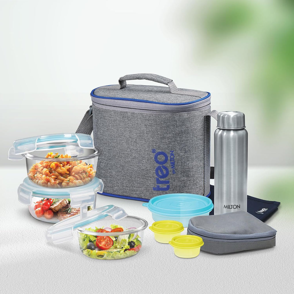 Treo by Milton Tiffin with Bag, Set of 8 (3 Containers, 400ml Each; 1 Steel Bottle, 750 ml; 2 - Pickle/Chutney Dabba, 30ml Each; 1 Salad/Papad Dabba, 200ml; 1 Dining Mat)