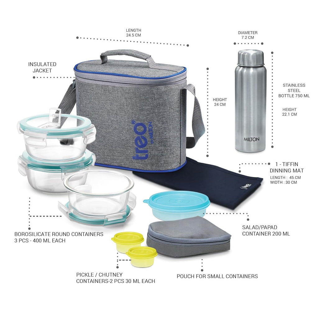 Treo by Milton Tiffin with Bag, Set of 8 (3 Containers, 400ml Each; 1 Steel Bottle, 750 ml; 2 - Pickle/Chutney Dabba, 30ml Each; 1 Salad/Papad Dabba, 200ml; 1 Dining Mat)