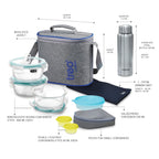 Treo by Milton Tiffin with Bag, Set of 8 (3 Containers, 400ml Each; 1 Steel Bottle, 750 ml; 2 - Pickle/Chutney Dabba, 30ml Each; 1 Salad/Papad Dabba, 200ml; 1 Dining Mat)