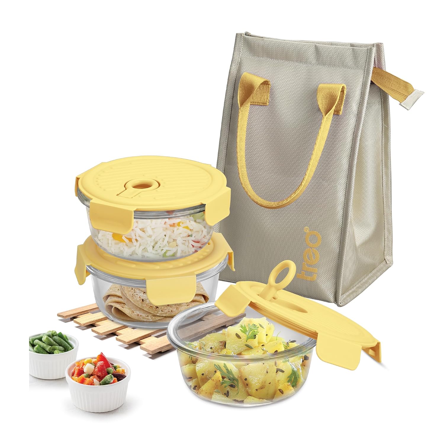 Treo by Milton Lunch Box Set of 3, Yellow Lid, 400 ml Each