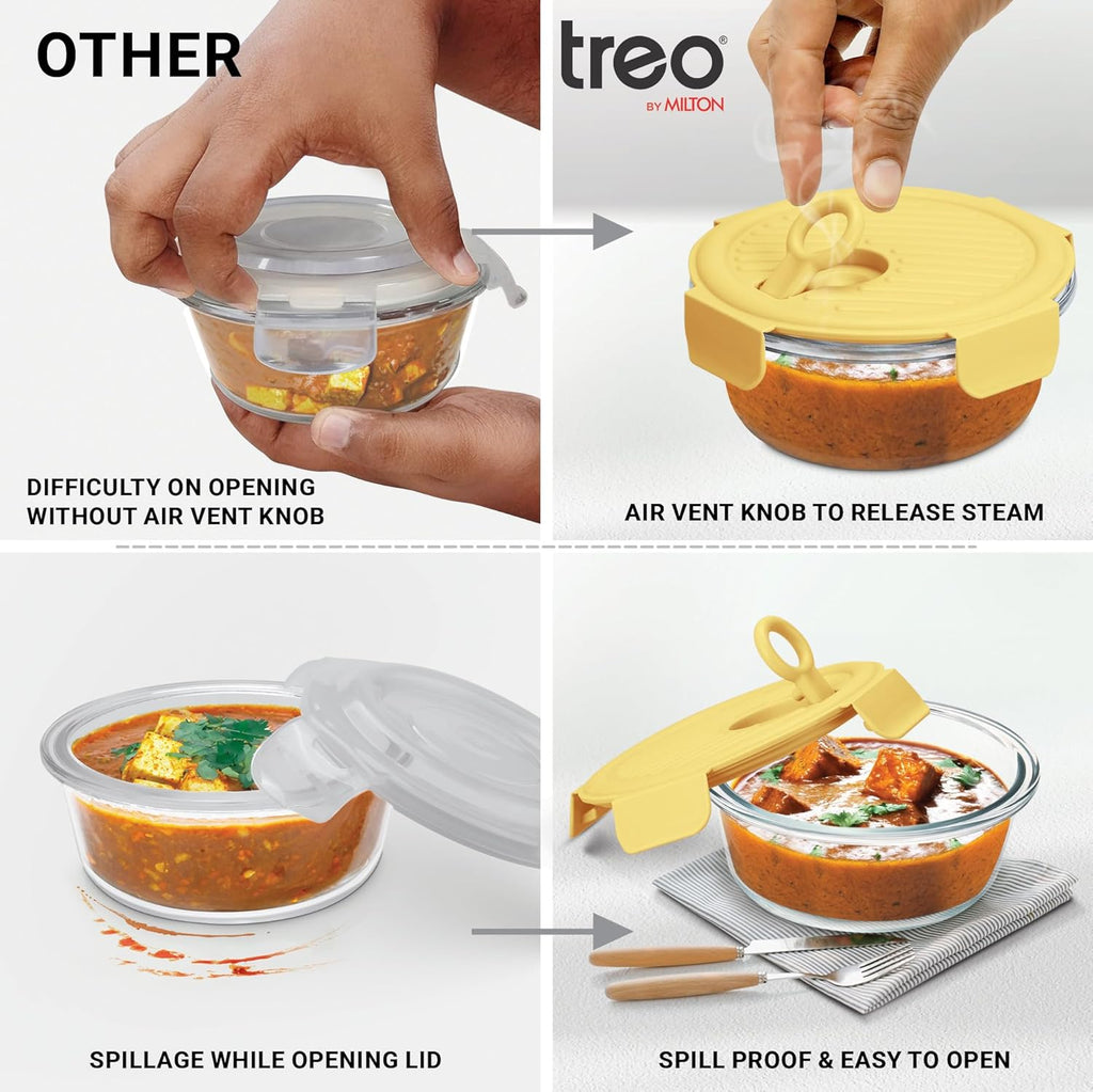 Treo by Milton Lunch Box Set of 3, Yellow Lid, 400 ml Each