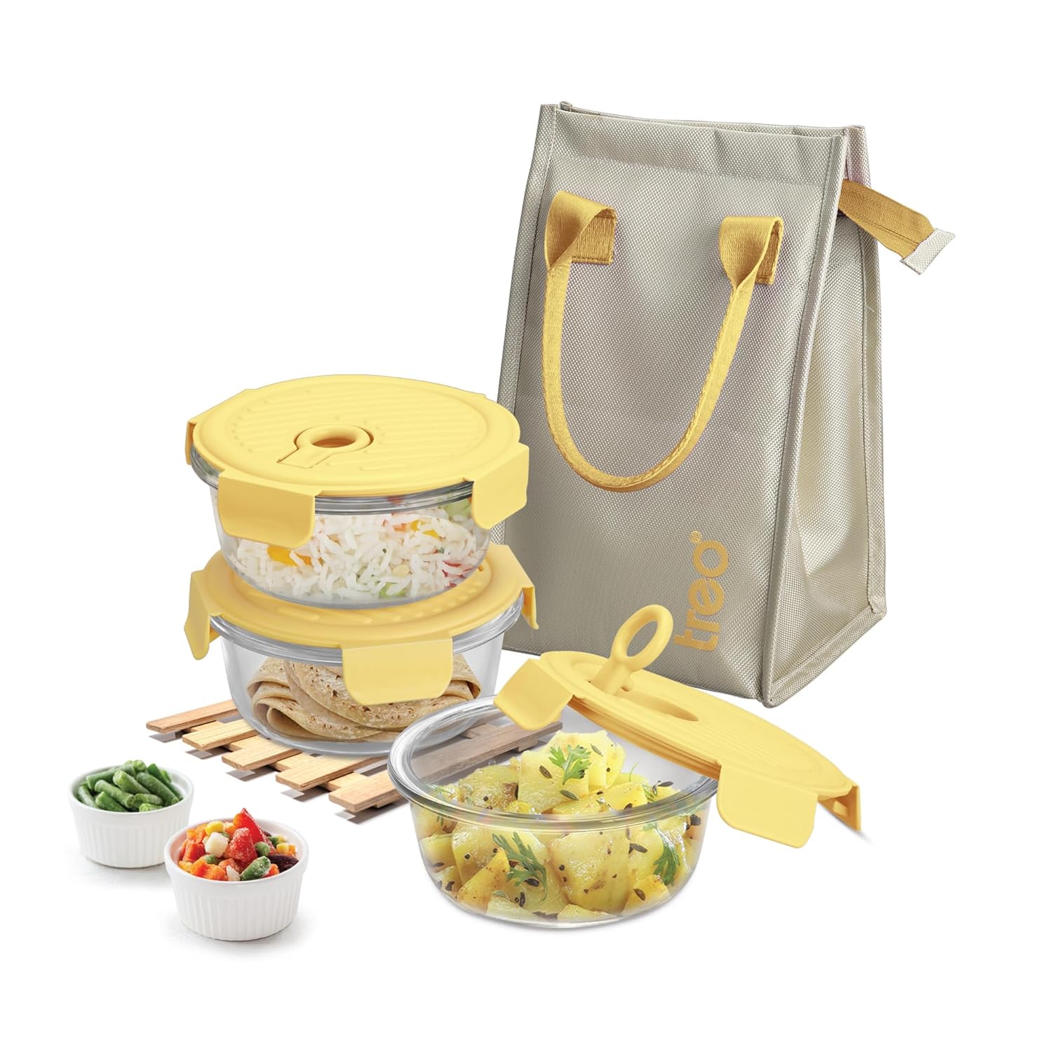Treo by Milton Lunch Box Set of 3, Yellow Lid, 400 ml Each