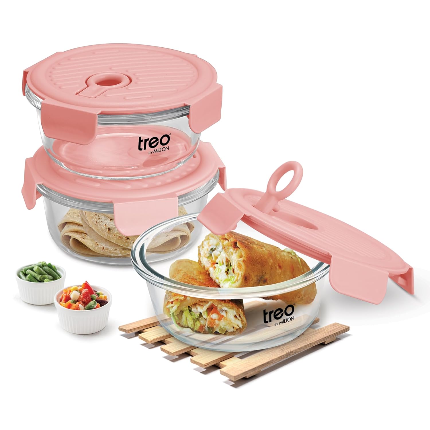 Treo by Milton  Lunch Box Set of 3, Peach Lid, 400 ml Each