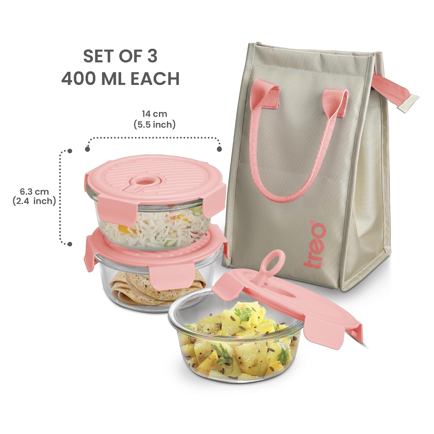 Treo by Milton  Lunch Box Set of 3, Peach Lid, 400 ml Each