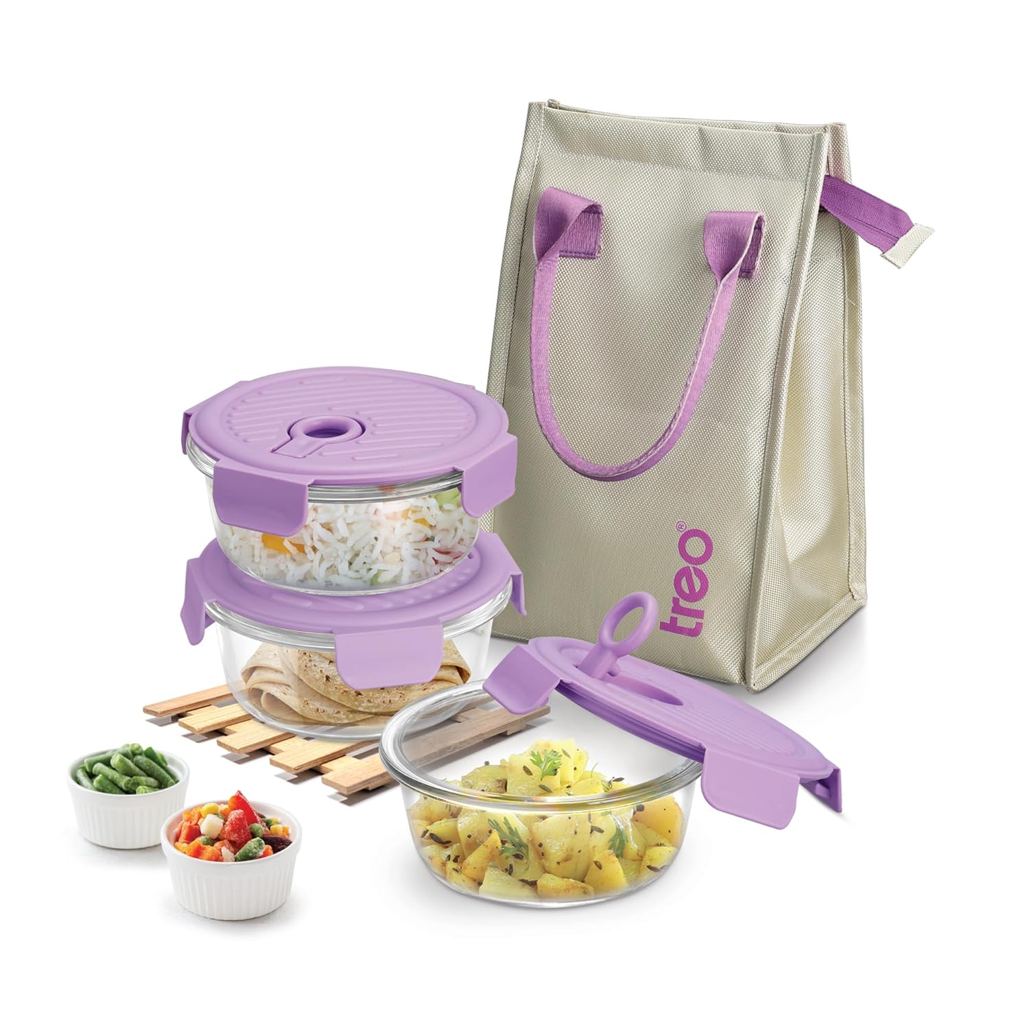 Treo by Milton  Lunch Box Set of 3, Purple Lid, 400 ml Each
