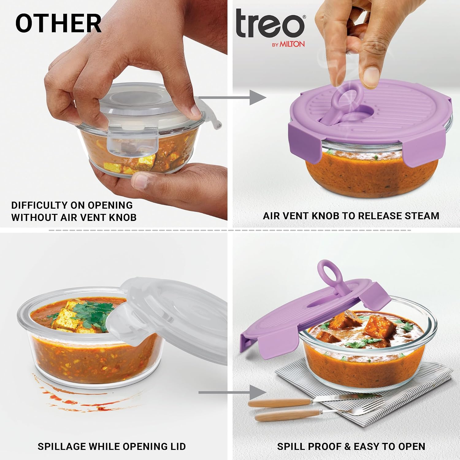 Treo by Milton  Lunch Box Set of 3, Purple Lid, 400 ml Each