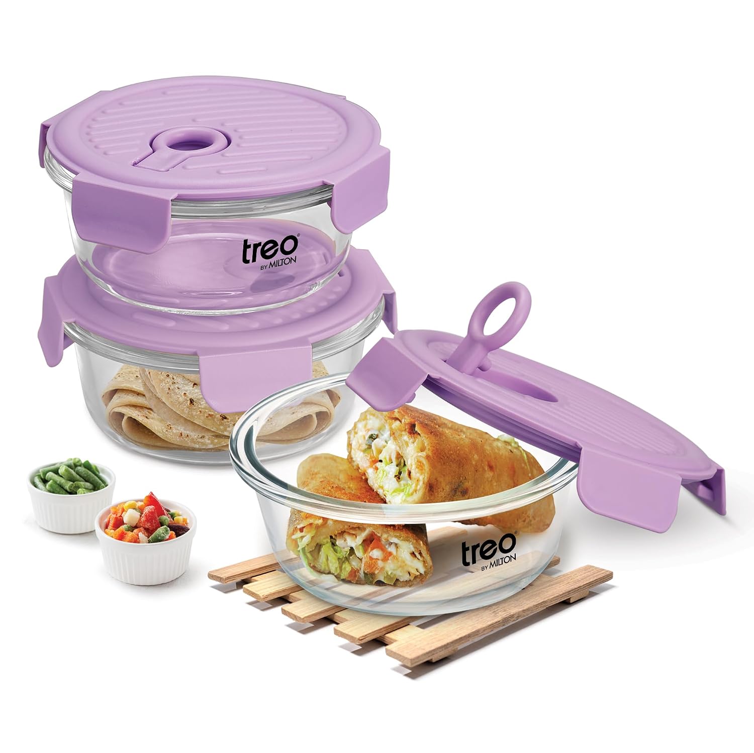 Treo by Milton  Lunch Box Set of 3, Purple Lid, 400 ml Each