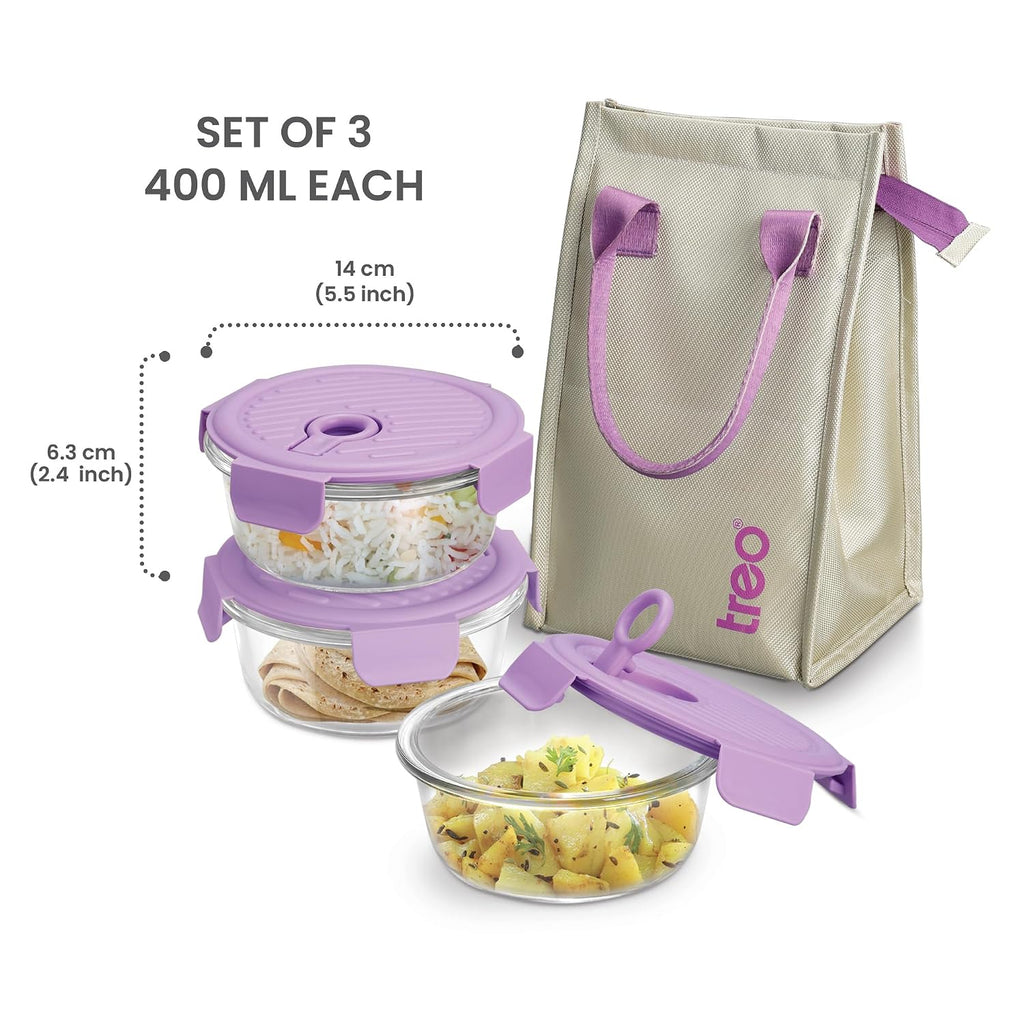 Treo by Milton  Lunch Box Set of 3, Purple Lid, 400 ml Each