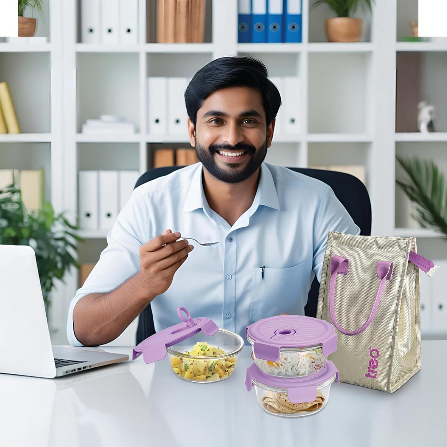 Treo by Milton  Lunch Box Set of 3, Purple Lid, 400 ml Each