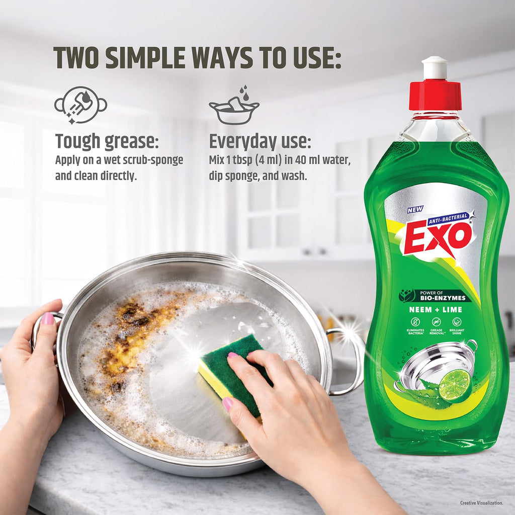 xo Dishwash Liquid Bottle | Neem & Lime | Tough Grease Removal for Utensils | Anti-Bacterial Liquid Dishwash | Bio-Enzyme Formula | No Residue Cleaning | Fresh Citrus Fragrance - 750ml