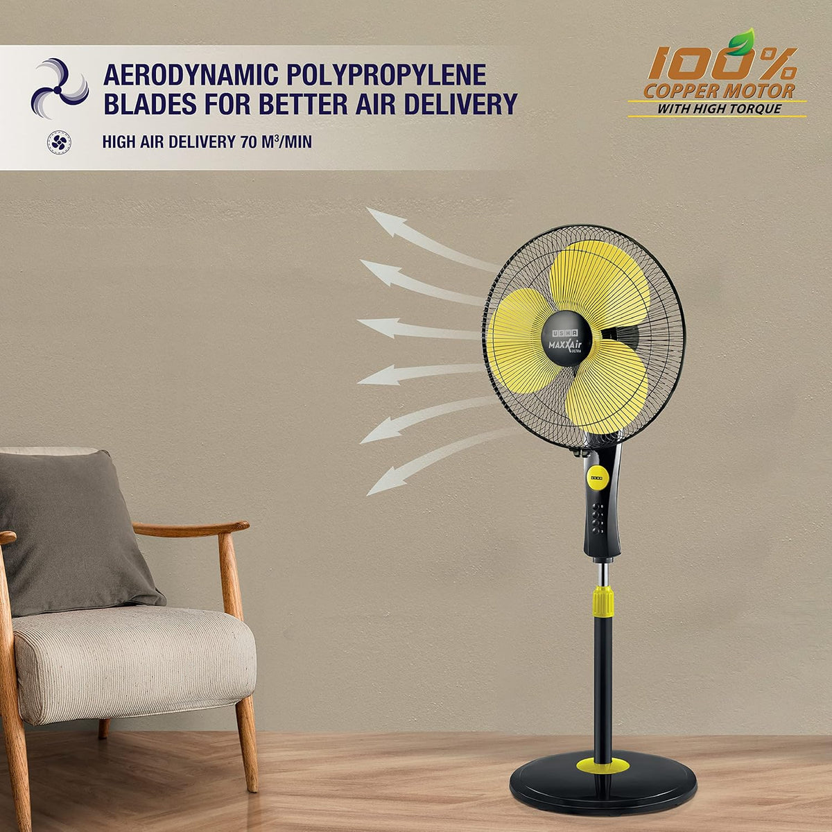 USHA Maxx Air Ultra 400MM Pedestal Fan (Golden)