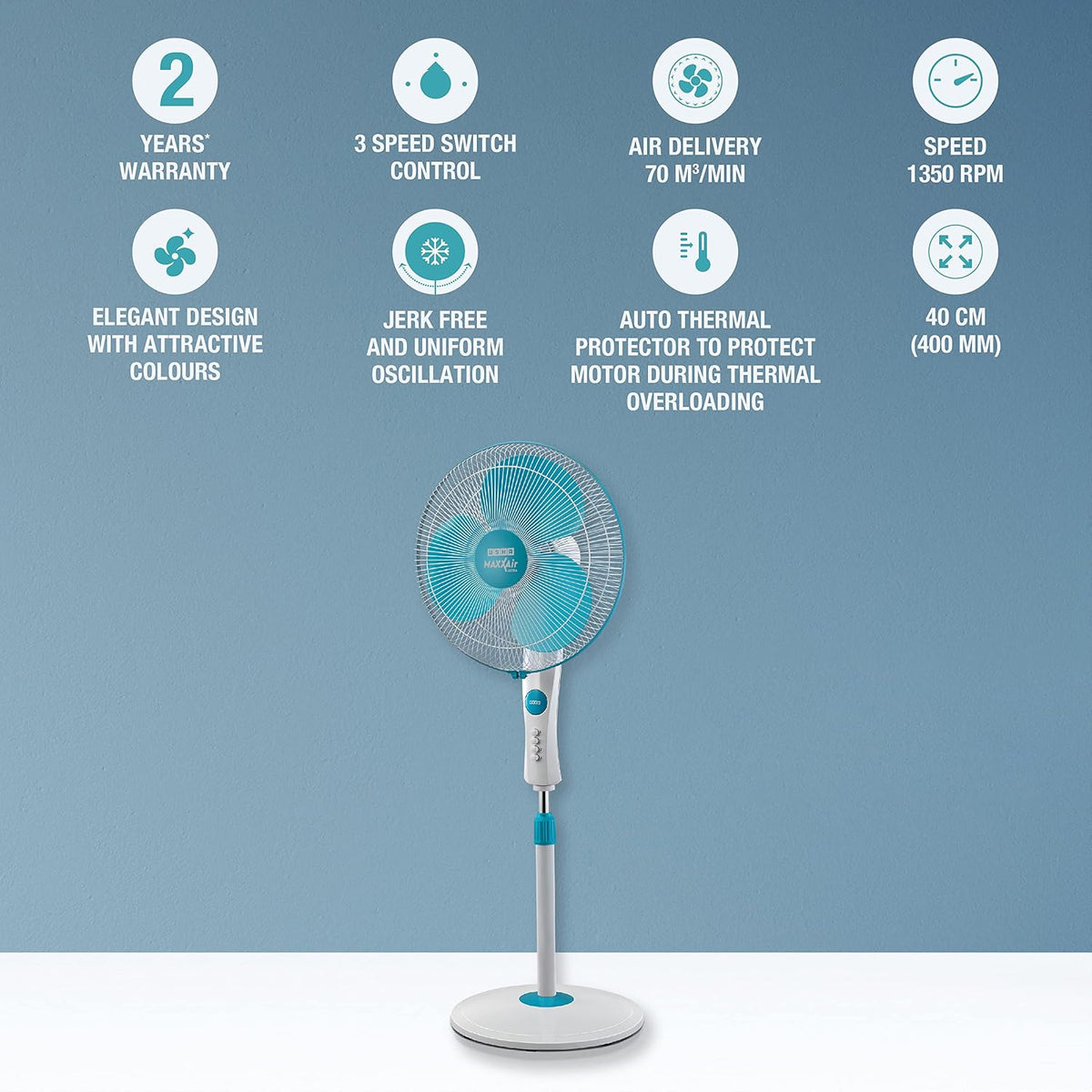 USHA Maxx Air Ultra Pedestal Fan | 400MM Sweep Size | 1350 RPM | Aerodynamic Blade Design for High Air Delivery | Anti - Rust Protection | Copper Motor | Light Blue