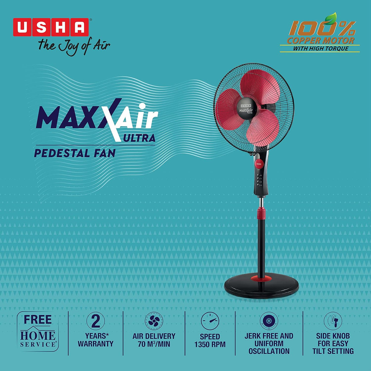 USHA Maxx Air Ultra Pedestal Fan | 400MM Sweep Size | 1350 RPM | Aerodynamic Blade Design for High Air Delivery | Anti - Rust Protection | 100% Copper Motor | Maroon