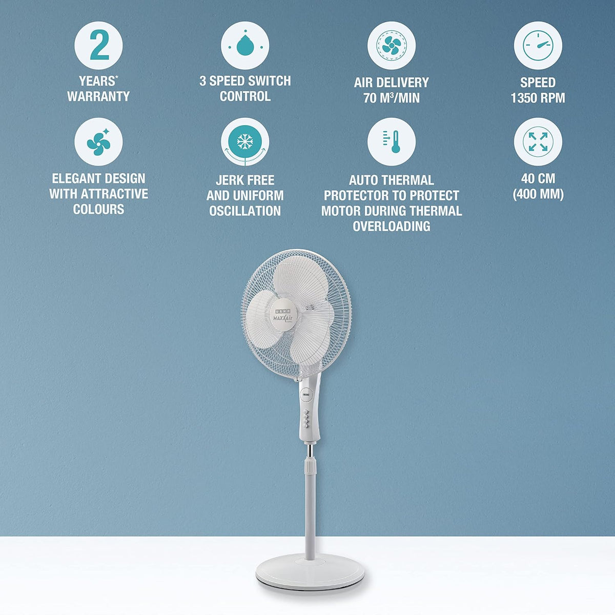 USHA Maxx Air Ultra Pedestal Fan | 400MM Sweep Size | 1350_RPM | Aerodynamic Blade Design for High Air Delivery | Anti - Rust Protection | 100% Copper Motor | 2 Year Warranty | White