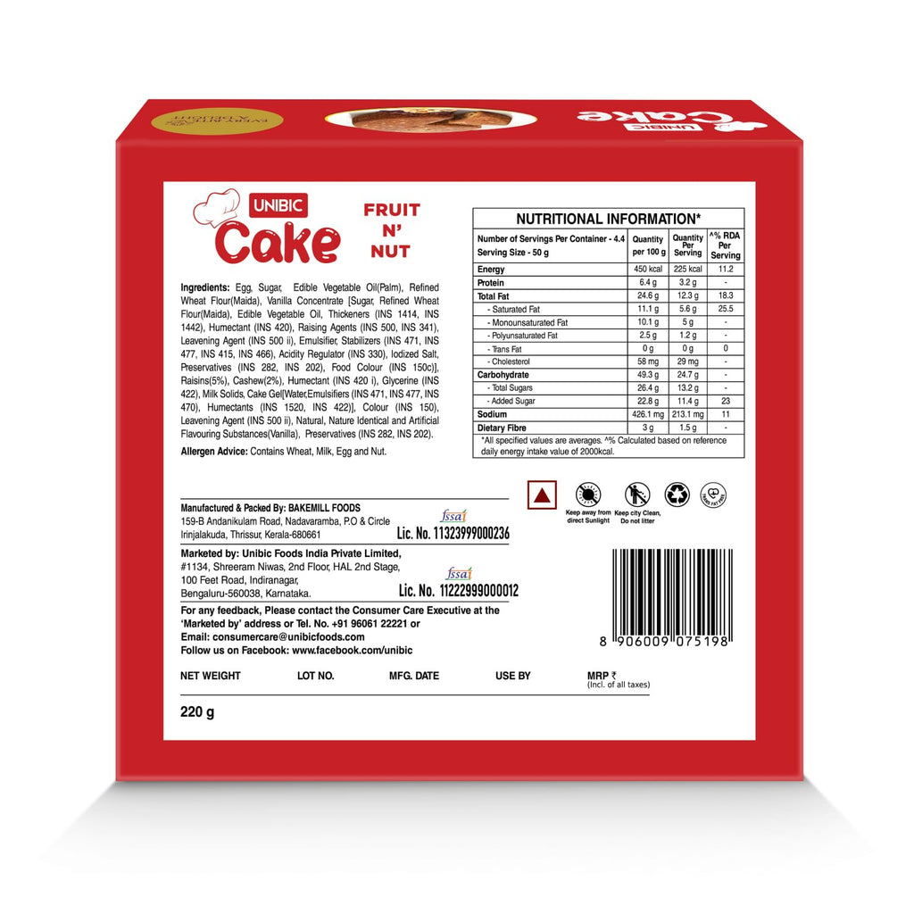 Unibic Foods India Pvt Fruit & Nut Cake 220 Gm