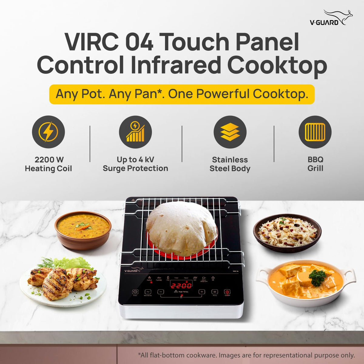 V-Guard VIRC 04 2200 W Infrared Induction Cooktop | Compatible with All Utensils | Up to 4 kV Surge Protection | BBQ Grill | Touch Panel Control | Stainless Steel Body | 1 Year Warranty by V-Guard