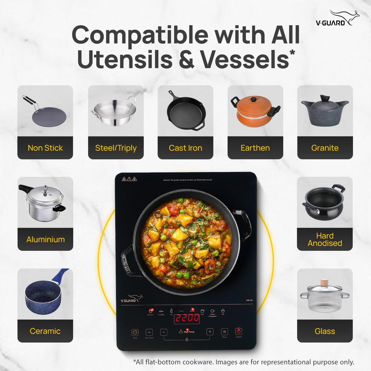 V-Guard VIRC 04 2200 W Infrared Induction Cooktop | Compatible with All Utensils | Up to 4 kV Surge Protection | BBQ Grill | Touch Panel Control | Stainless Steel Body | 1 Year Warranty by V-Guard