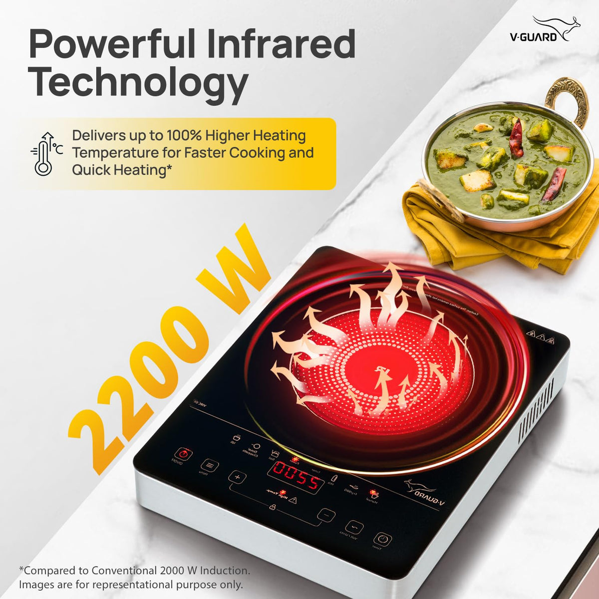 V-Guard VIRC 04 2200 W Infrared Induction Cooktop | Compatible with All Utensils | Up to 4 kV Surge Protection | BBQ Grill | Touch Panel Control | Stainless Steel Body | 1 Year Warranty by V-Guard
