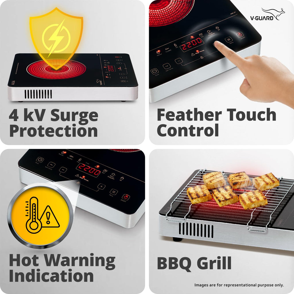 V-Guard VIRC 04 2200 W Infrared Induction Cooktop | Compatible with All Utensils | Up to 4 kV Surge Protection | BBQ Grill | Touch Panel Control | Stainless Steel Body | 1 Year Warranty by V-Guard