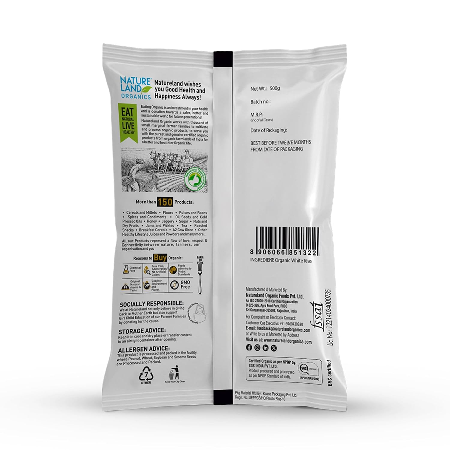 Natureland Organics White Peas 500 Gm - Organic Peas
