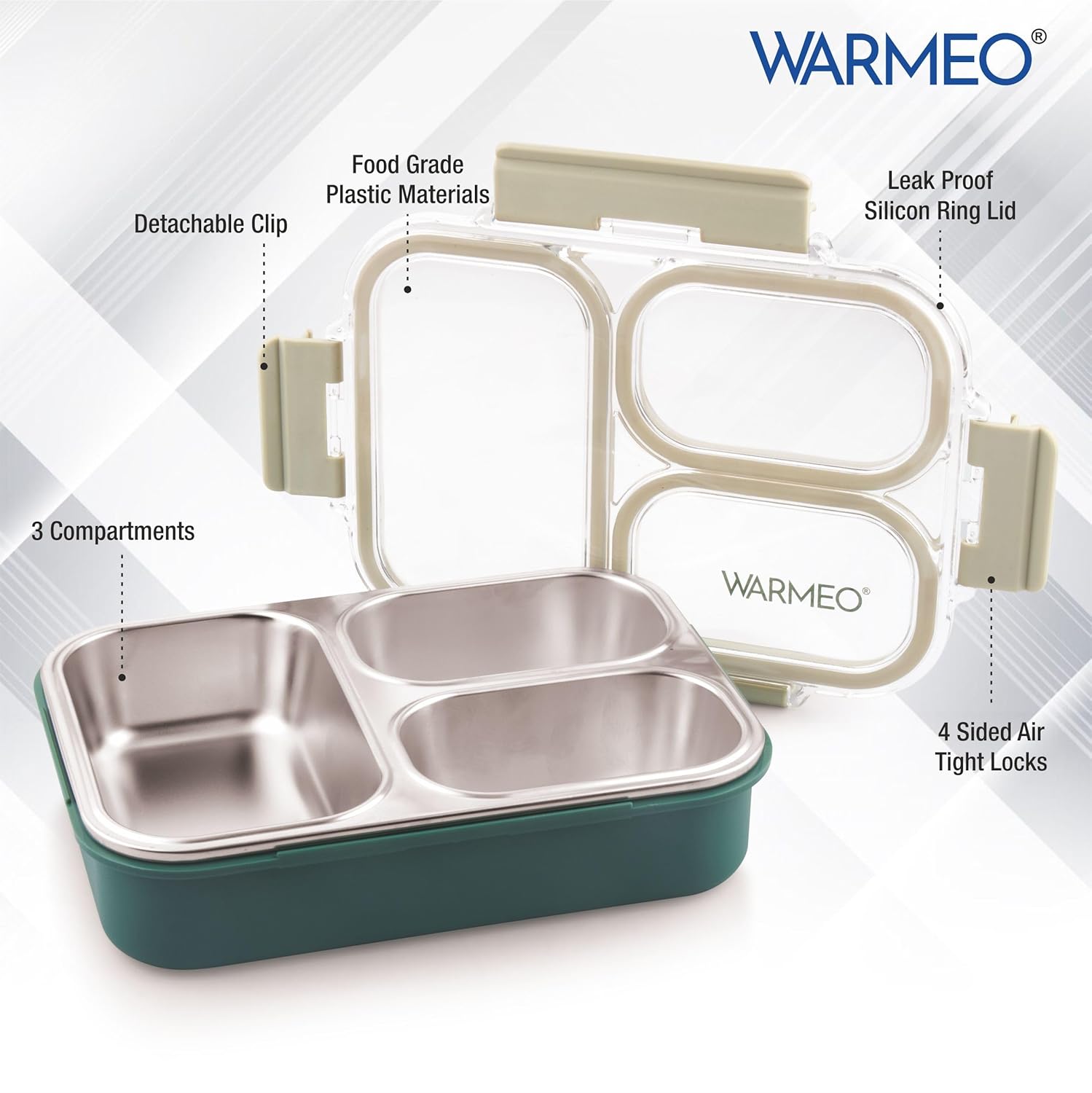 WARMEO BENTO  Lunchbox with 3 compartments 750ml-Green