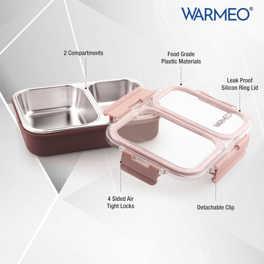 WARMEO BENTO Microwave-Safe Stainless Steel Lunchbox with 2 compartments 750ml-Brown