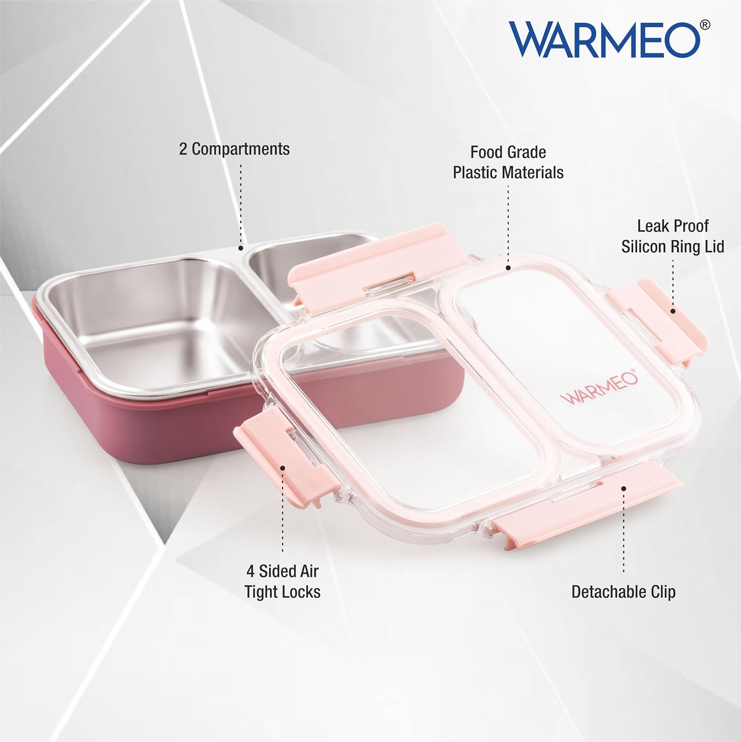 WARMEO BENTO Microwave-Safe Stainless Steel Lunchbox with 2 compartments 750ml-Pink