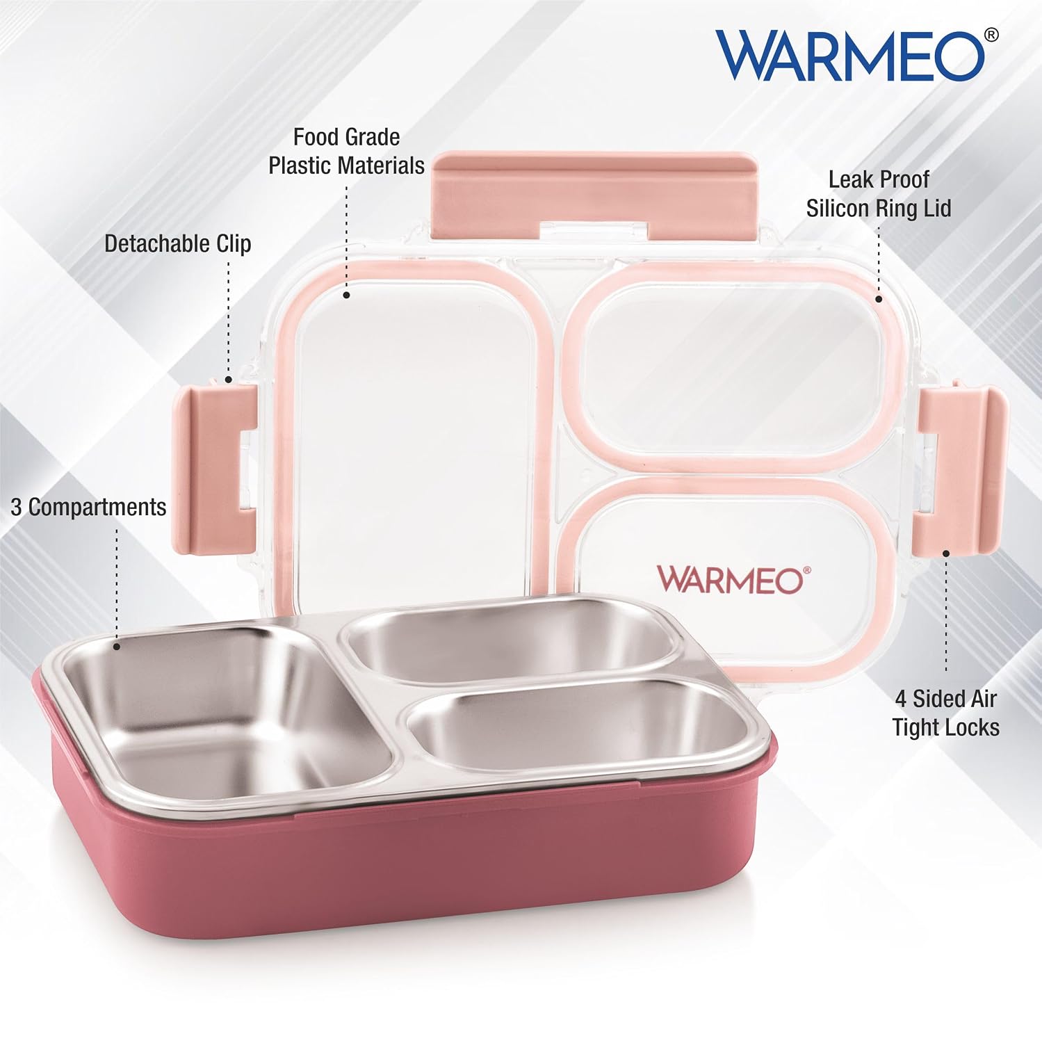WARMEO BENTO  Lunchbox with 3 compartments 750ml-Pink