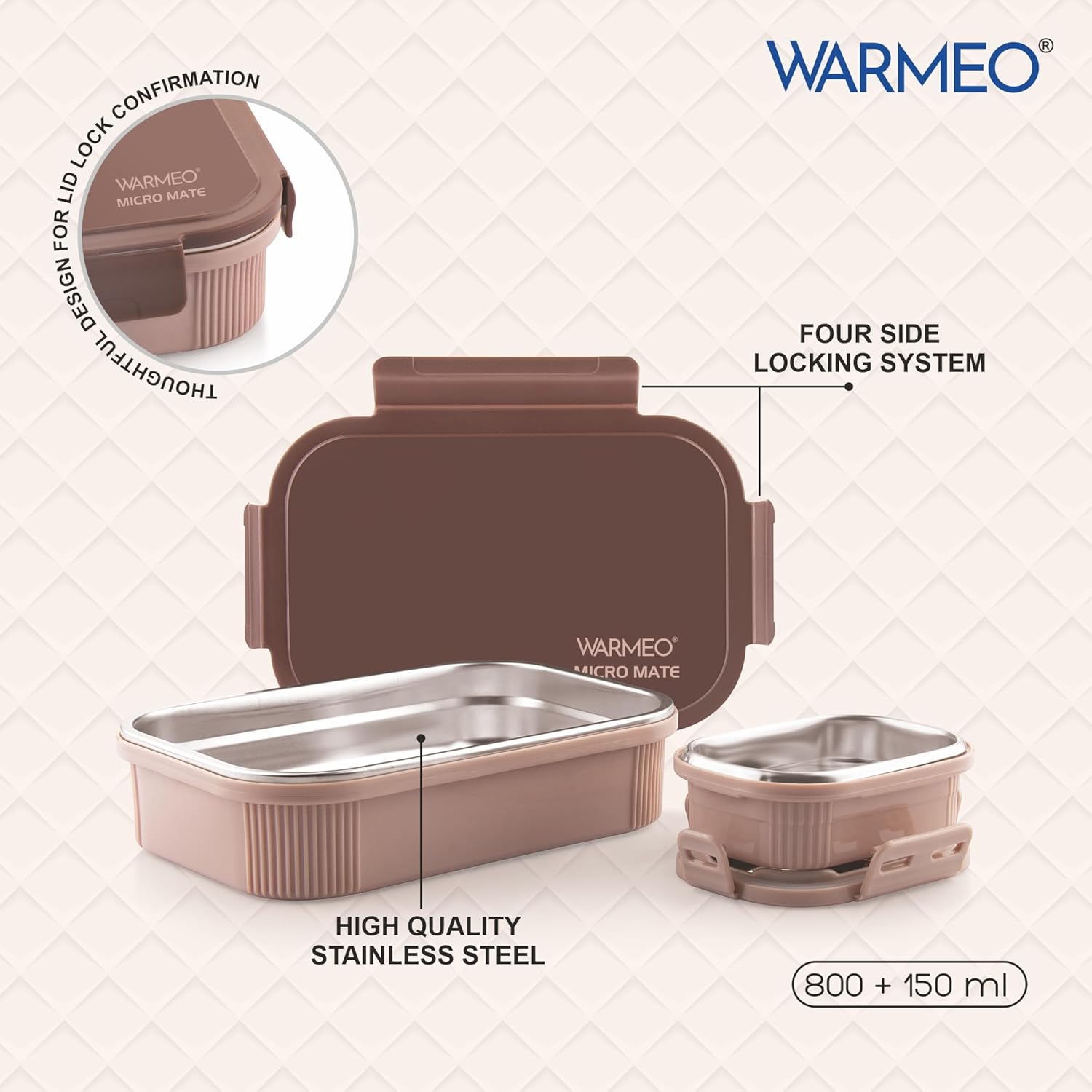 WARMEO MICROMATE Lunch Box (800ml+150 ml),Brown