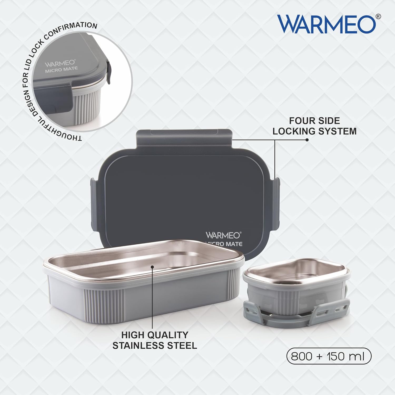 WARMEO MICROMATE Lunch Box (800ml+150 ml),Grey