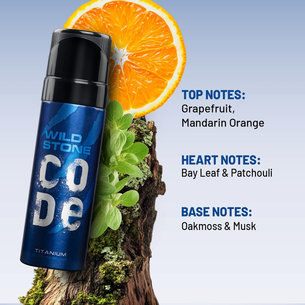 WILD STONE CODE Titanium Long Lasting No Gas Body Perfume Spray For Men, 150Ml