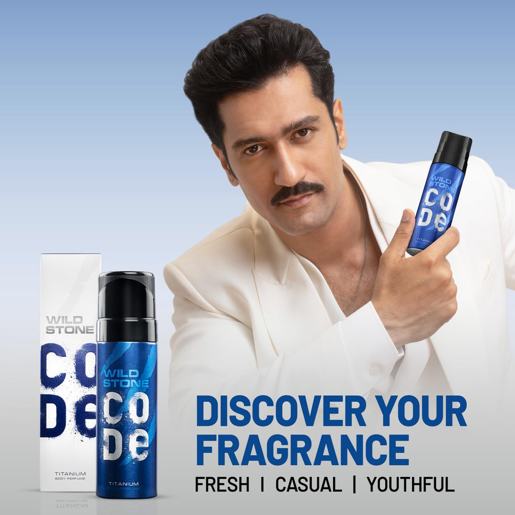 WILD STONE CODE Titanium Long Lasting No Gas Body Perfume Spray For Men, 150Ml