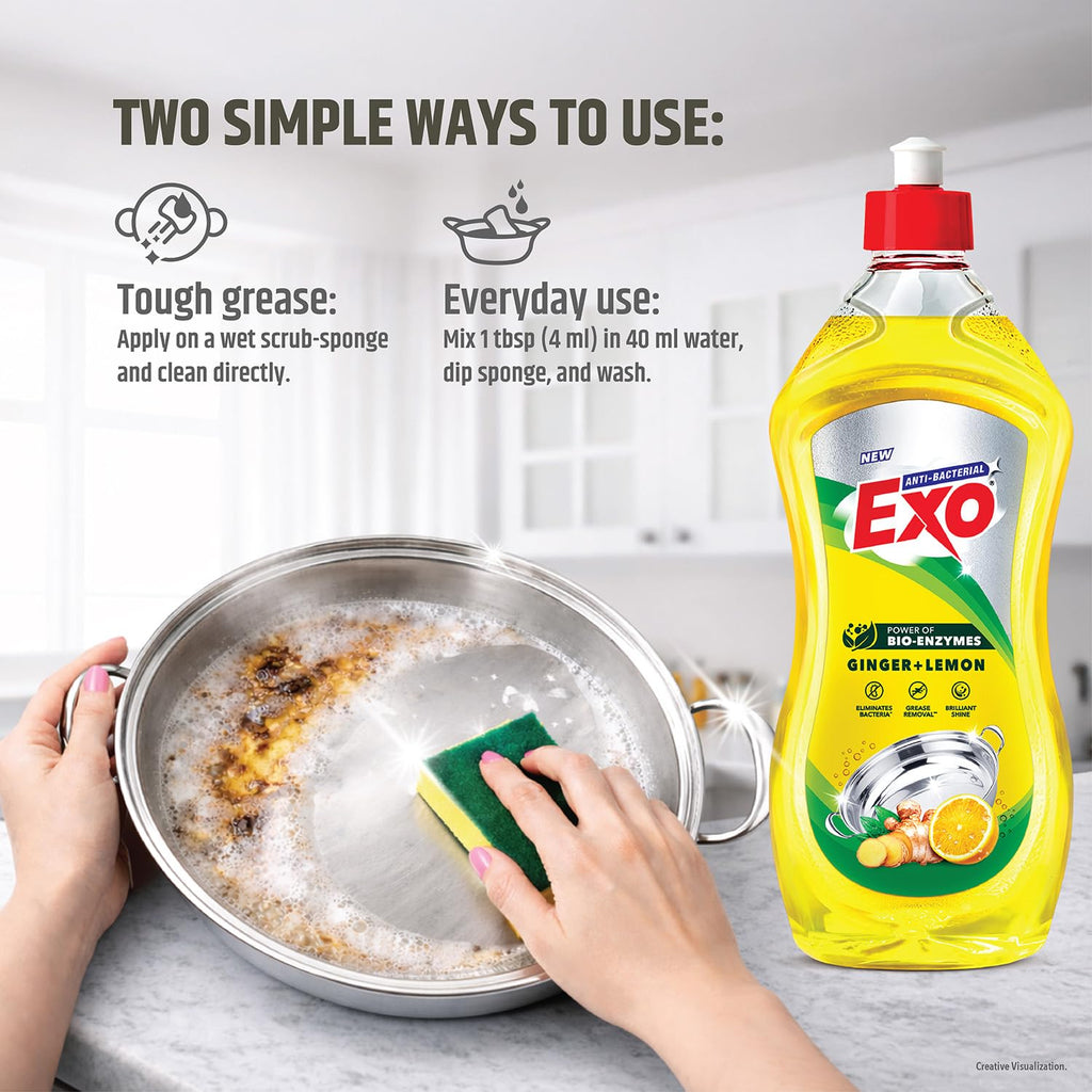 Exo Dishwash Liquid Bottle | Ginger & Lemon | Tough Grease Removal for Utensils | Anti-Bacterial Dishwashing Liquid | Bio-Enzyme Liquid Dishwash | No Residue Cleaning | Fresh Citrus Fragrance - 750ml