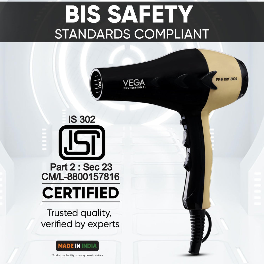 VEGA PROFESSIONAL Pro Dry 2000W Hair Dryer for Women & Men | Professional Blow Dryer with Cool Shot Button & Combination of 4 Heat & 2 Speed Settings, 16 Amp Plug | Salon Use & Home Use (VPVHD-04)