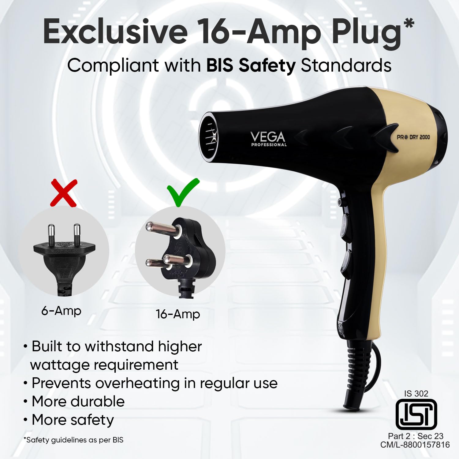 VEGA PROFESSIONAL Pro Dry 2000W Hair Dryer for Women & Men | Professional Blow Dryer with Cool Shot Button & Combination of 4 Heat & 2 Speed Settings, 16 Amp Plug | Salon Use & Home Use (VPVHD-04)