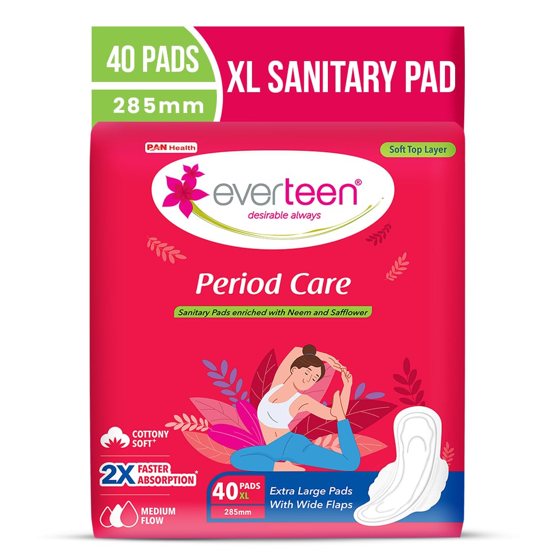 everteen sanitary pads XL 40 for Women, Enriched with Neem and Safflower, Rash Free Period Pads For Medium Flow, Locks Odour & Wetness - 2 Packs (40 Pads Each)