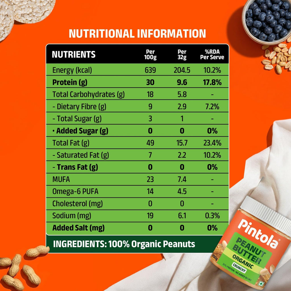 Pintola Organic Unsweetened Peanut Butter Crunchy 350g