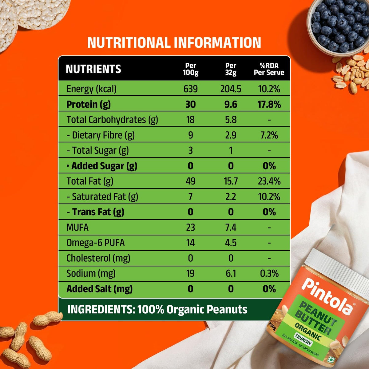 Pintola Organic Unsweetened Peanut Butter Crunchy 350g