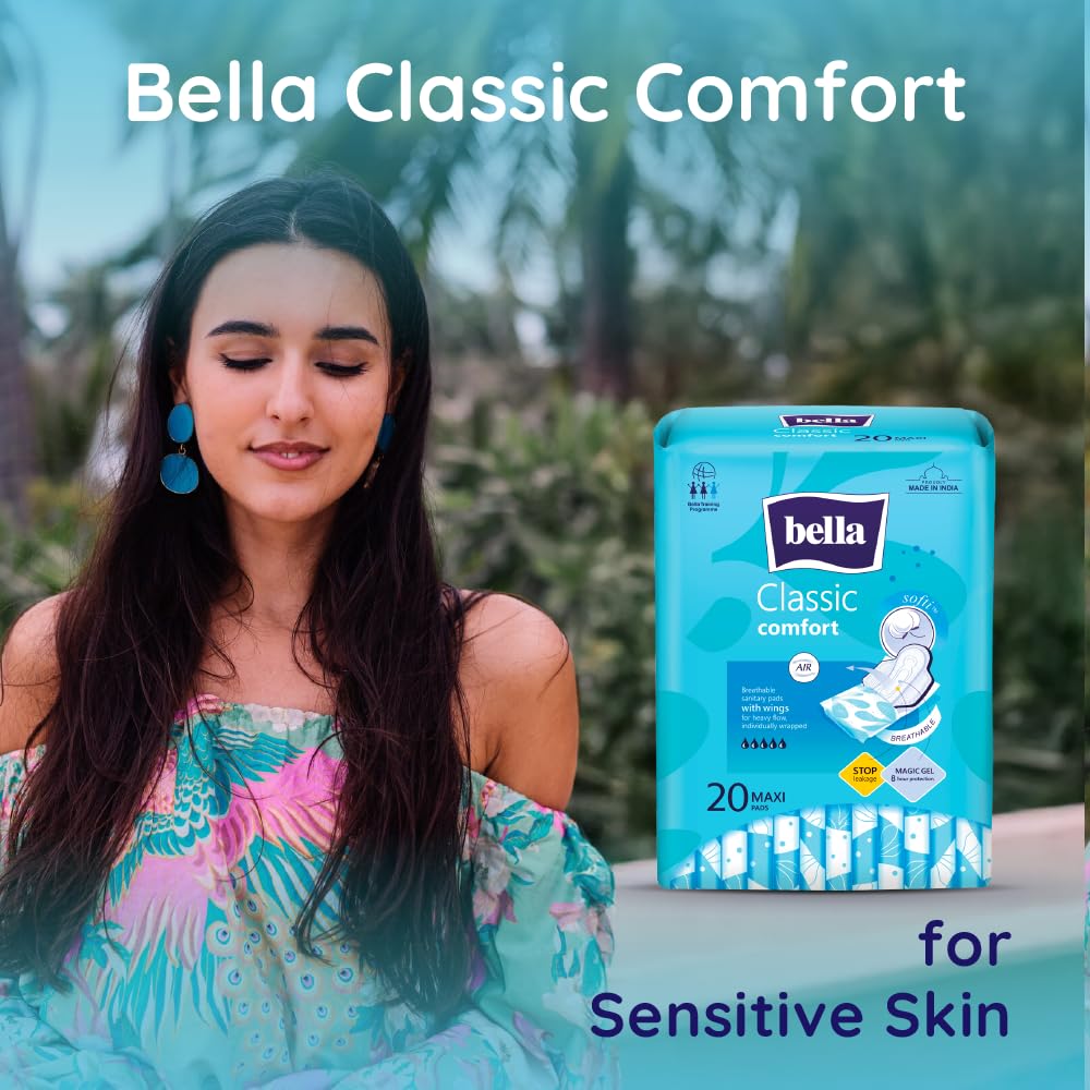 Bella Classic Comfort Maxi Softi Sanitary Pads XL - 20pcs | Maximum Dryness | 28 Cm Long With Wings | Rash Free Period | Suitable For Heavy Flow | Disposable Wrap | Lock Gel & Odor stop