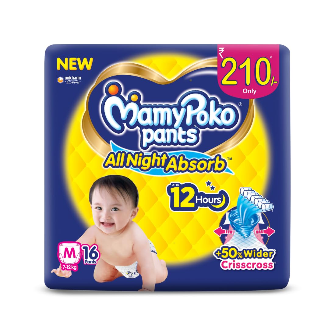 MamyPoko Pants All Night Absorb Baby Diapers, Medium (M), 16 Count 7-12 kg