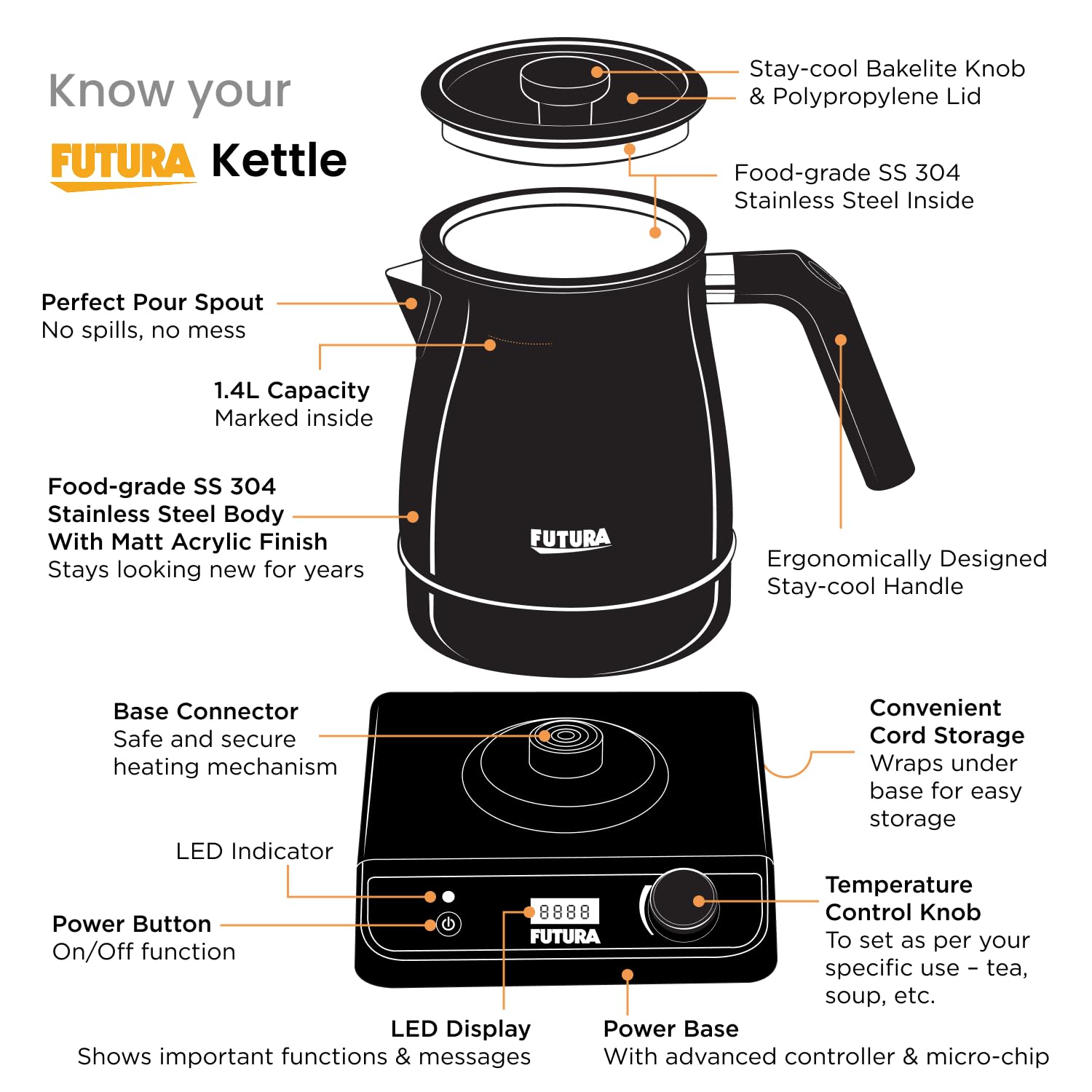 Hawkins Stainless Steel Futura 1.4 Litre Electronic Smart Kettle with Micro-Chip, Electric Hot Water Kettle for Tea, Coffee, Soup, Gargling, Black (FKTA1), 1200 Watts