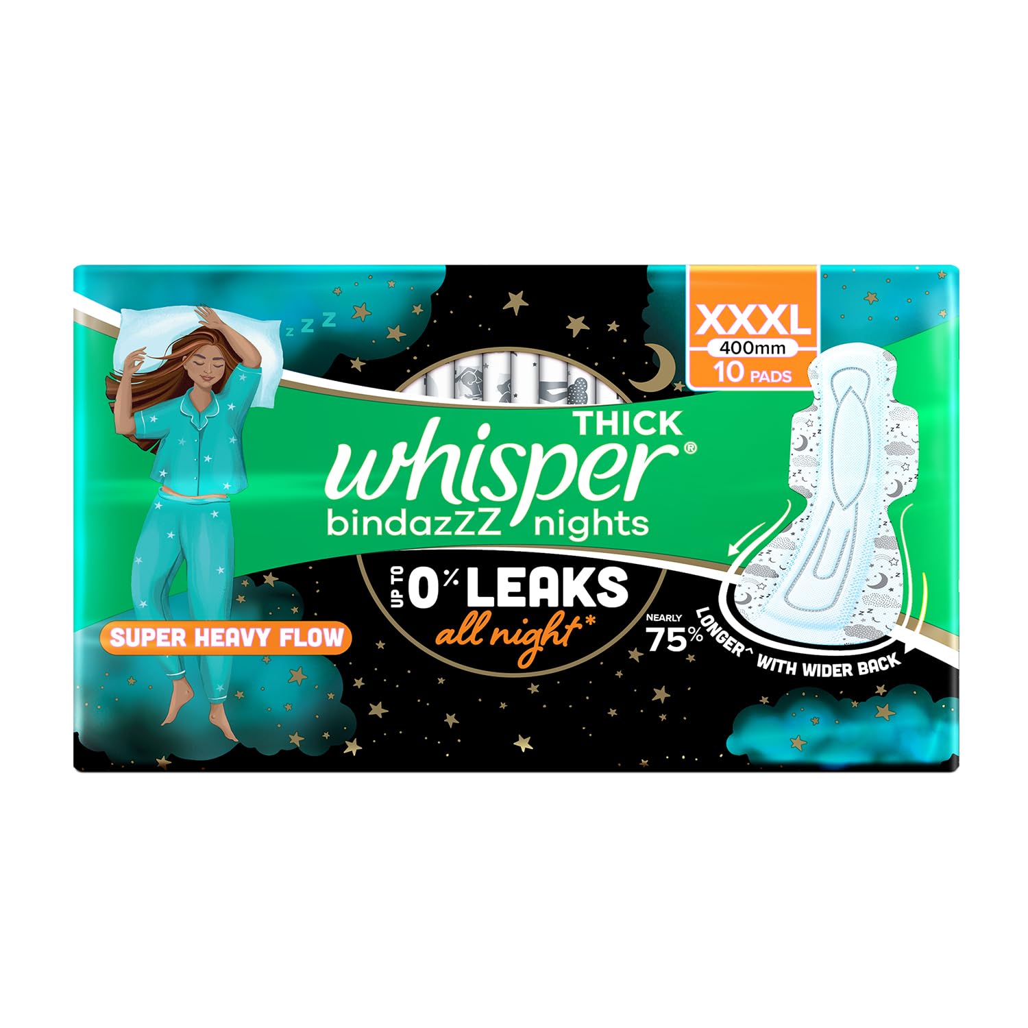 Whisper Bindazzz Nights 15x3 XXL Sanitary Pads, Upto 0% Leaks All Night Long, For Heavy Flow