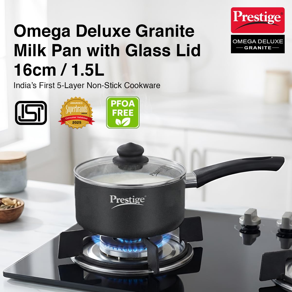 Prestige Omega Deluxe Granite Non Stick Milk Pan with Lid,16Cm Black,1.5 Liter
