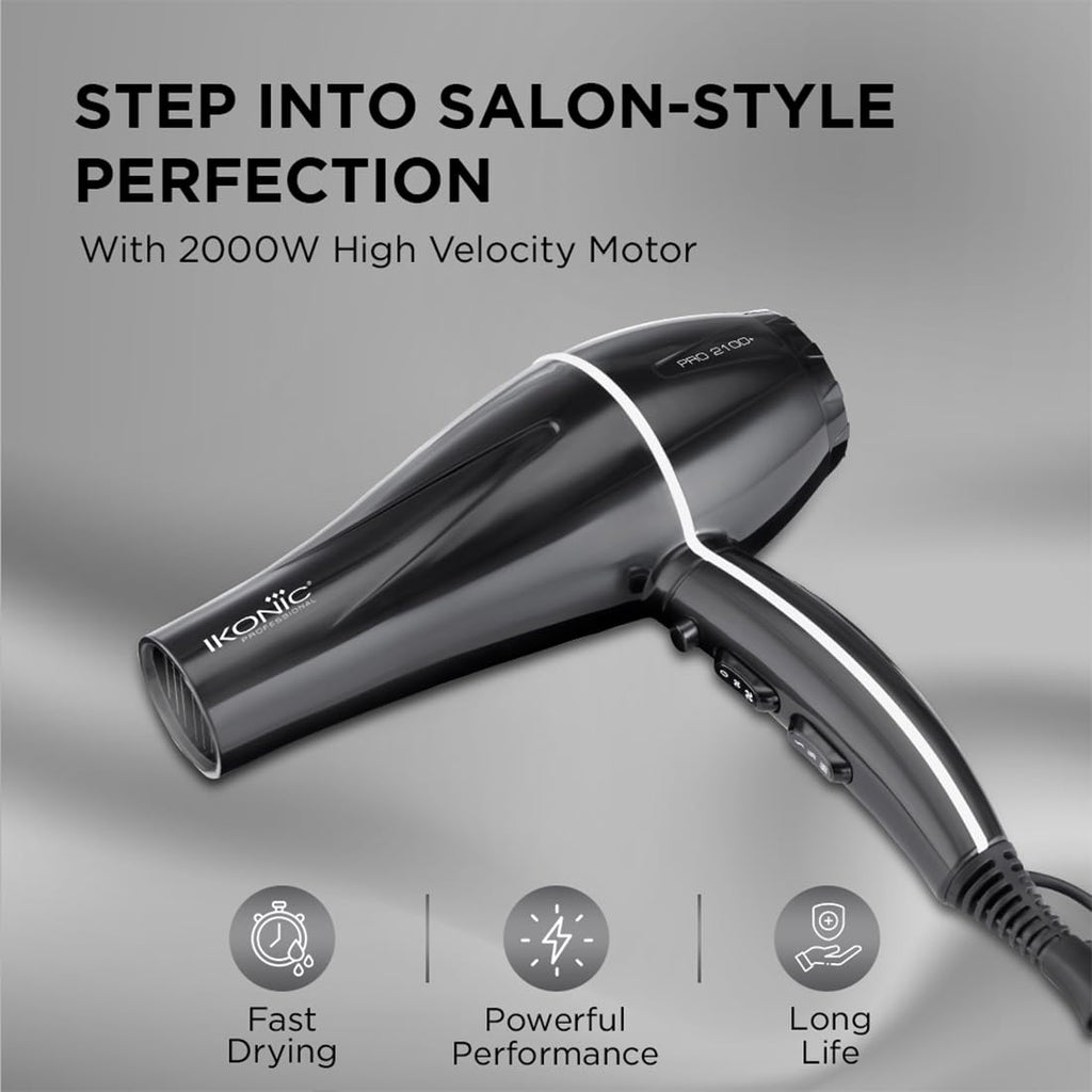Ikonic Professional Pro 2100+ Hair Dryer 2000 Watts, Black, 3 Heat And 2 Speed Settings, Cool Shot, Low Noise Function Interchangeable Nozzles, Professional Styling, For Both Men And Women, Suitable For All Hair Types, 1 Yr Warranty Black